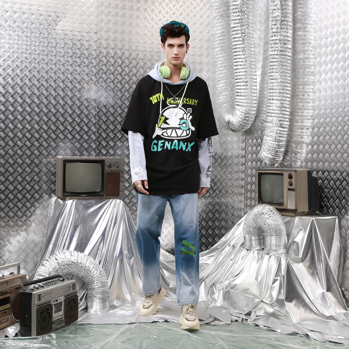 genanx闪电潮牌假两件拼接周年卫衣 genanx卫衣