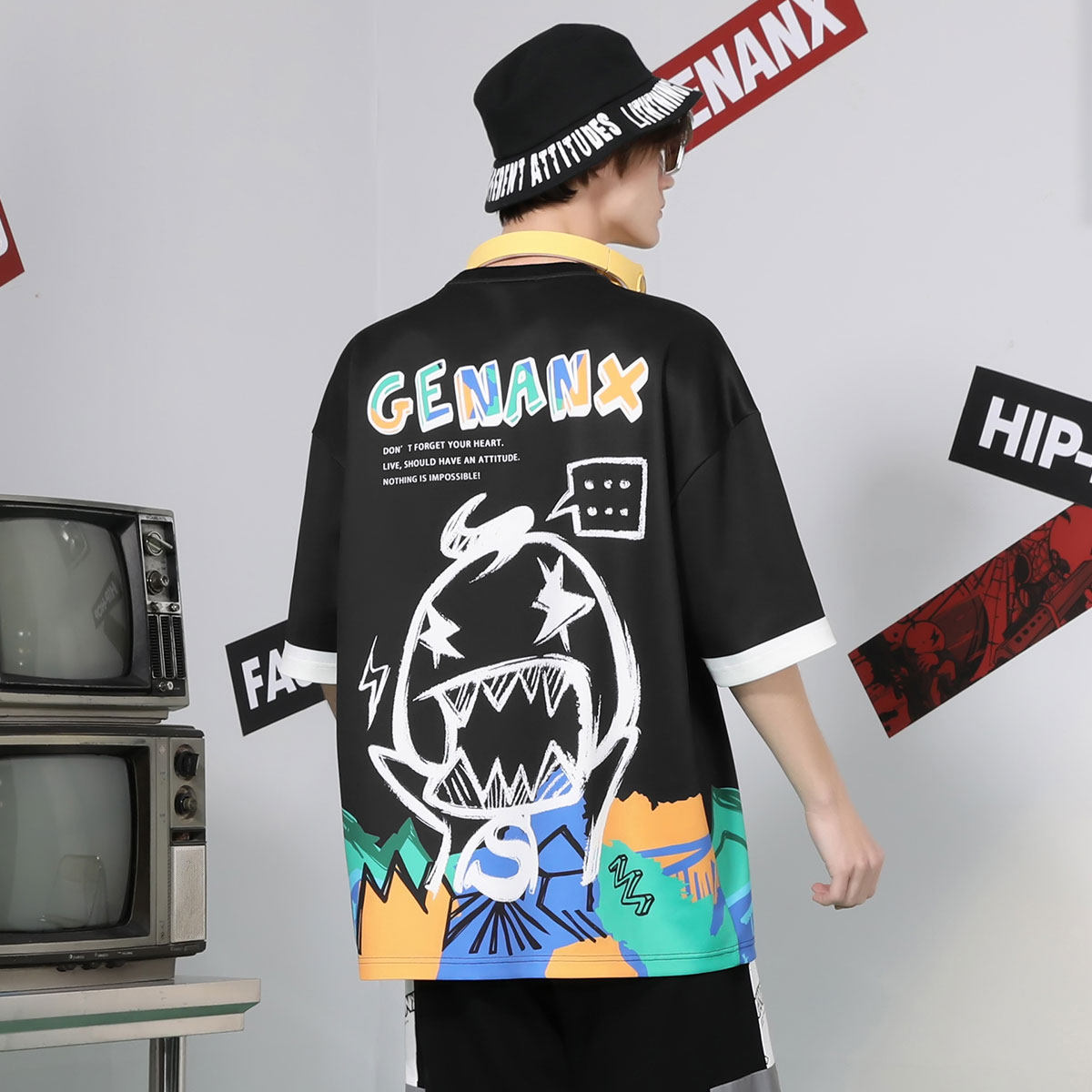 genanx太空棉情侣短袖拼接男打底衫 genanxT恤