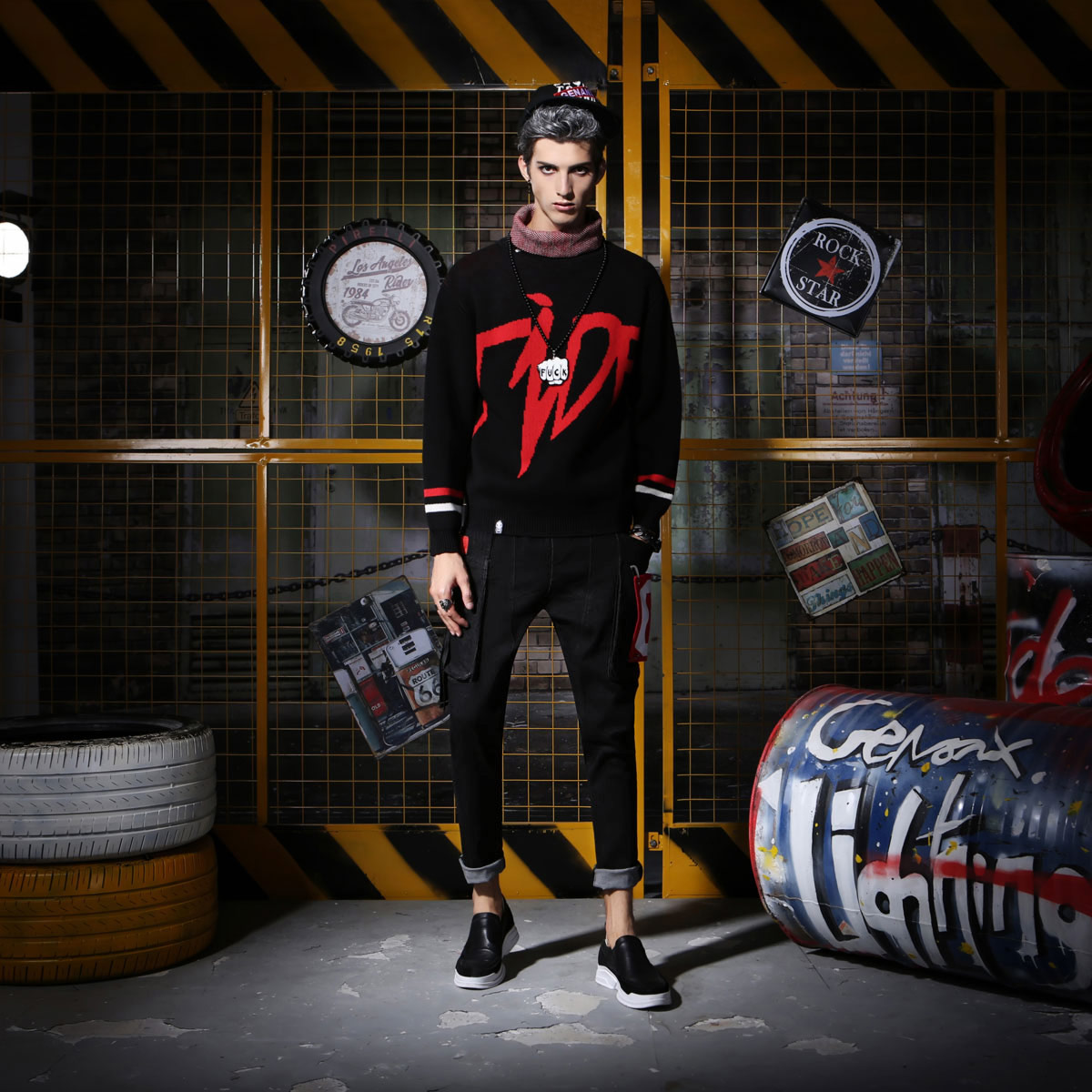 GENANX闪电潮牌男装新款松紧带牛仔裤印花