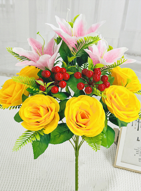 仿真花玫瑰花12头富贵果组合花束假花绢花客厅装饰摆件塑料花干花