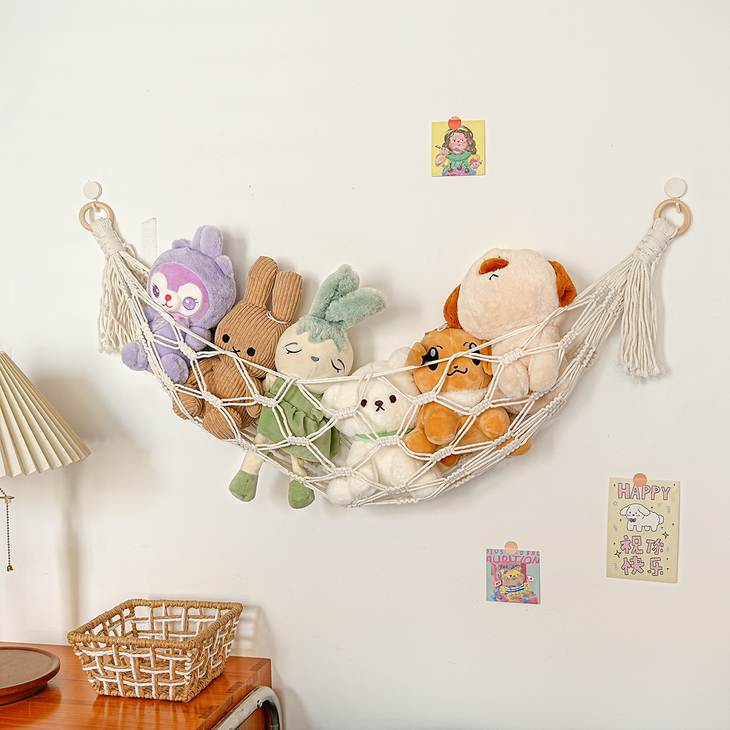 ins棉绳娃娃玩偶收纳网兜挂墙手工编织儿童玩具收纳墙上挂兜壁饰 - 图3
