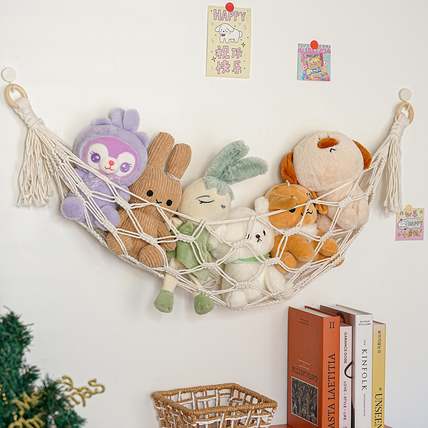 ins棉绳娃娃玩偶收纳网兜挂墙手工编织儿童玩具收纳墙上挂兜壁饰 - 图1