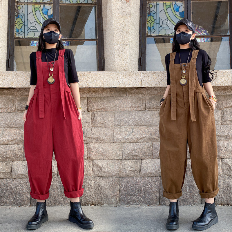 秋冬季新款大码女装胖mm工装背带裤休闲复古宽松显瘦吊带裤子女,淘宝优惠券,粉丝福利购,淘宝优惠卷