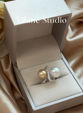 天然海水澳白11.96金珠10.33双珠简约款纯银镀18k开口可调戒指