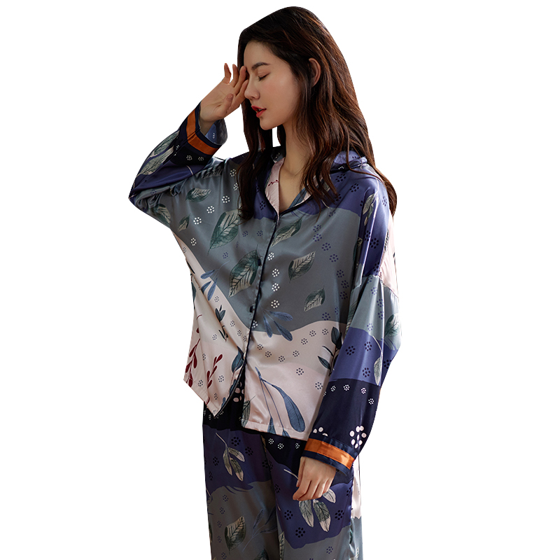 诺盾旗舰店诺盾睡衣女夏季冰丝薄款春秋长袖仿真丝绸休闲大码家居服两件套装3