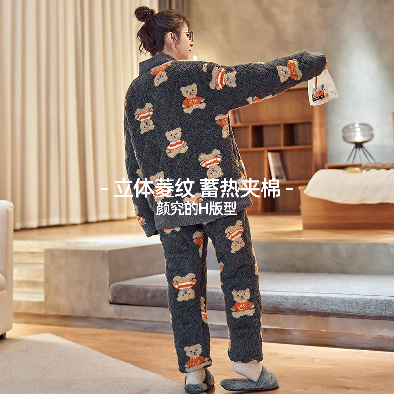 诺盾旗舰店珊瑚绒睡衣女冬季加厚加绒夹棉年新款法兰绒秋冬天家居服套装3