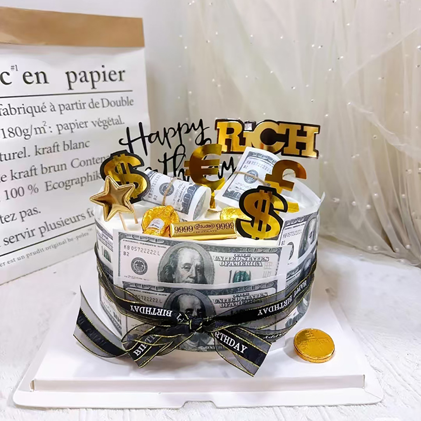 网红美元钞票主题生日蛋糕装饰男士糯米纸钞票送爸爸男友装扮,淘宝优惠券,粉丝福利购,淘宝优惠卷