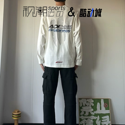 Adidas阿迪达斯白色男女赛车风宽松运动休闲针织长袖T恤KH1200 - 图2