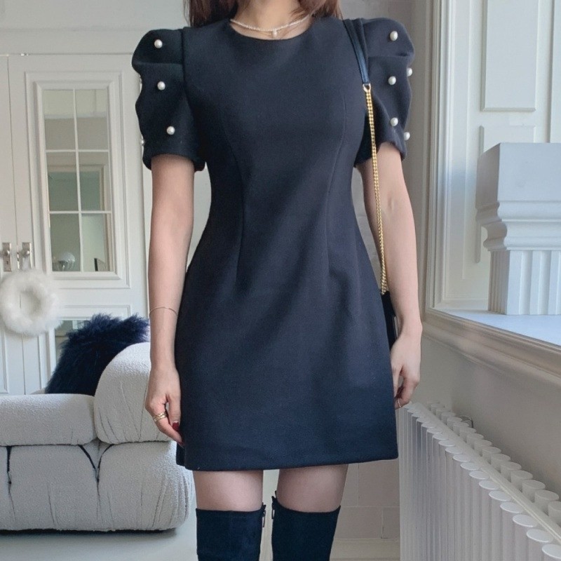 正品复古新款显瘦珍珠装饰连衣裙 cafe24海外连衣裙