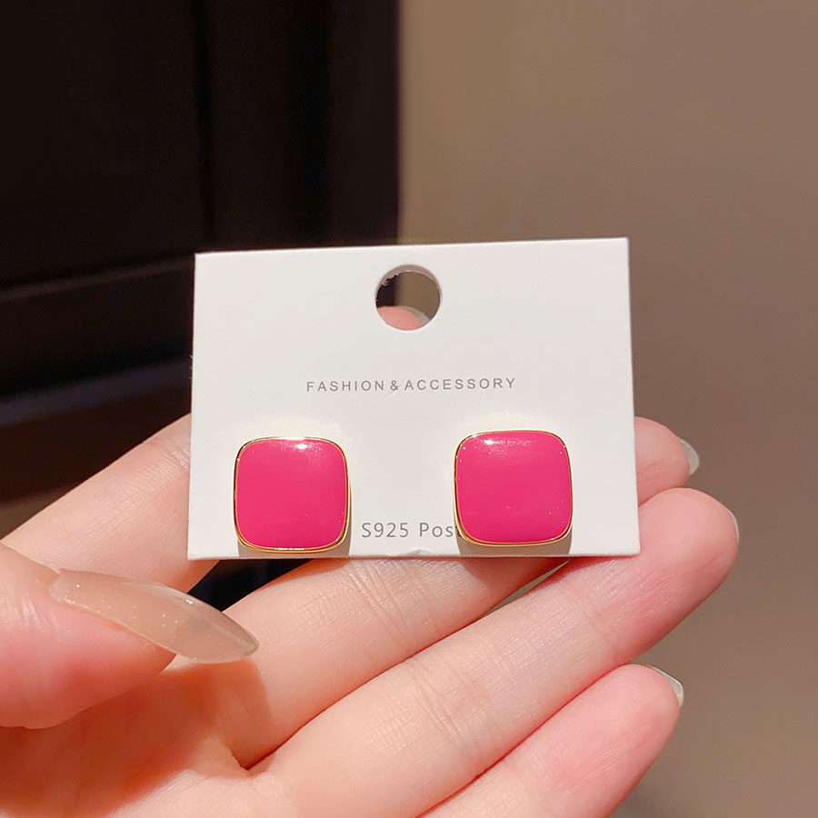 复古滴釉几何方形洋气玫红色耳钉女2025年新款潮耳环复古气质耳饰,淘宝优惠券,粉丝福利购,淘宝优惠卷