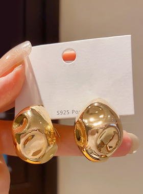 设计师款金色立体几何C型耳圈耳环女925银针设计感小众气质耳饰