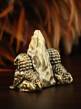 石敢当黄铜双狮子摆件