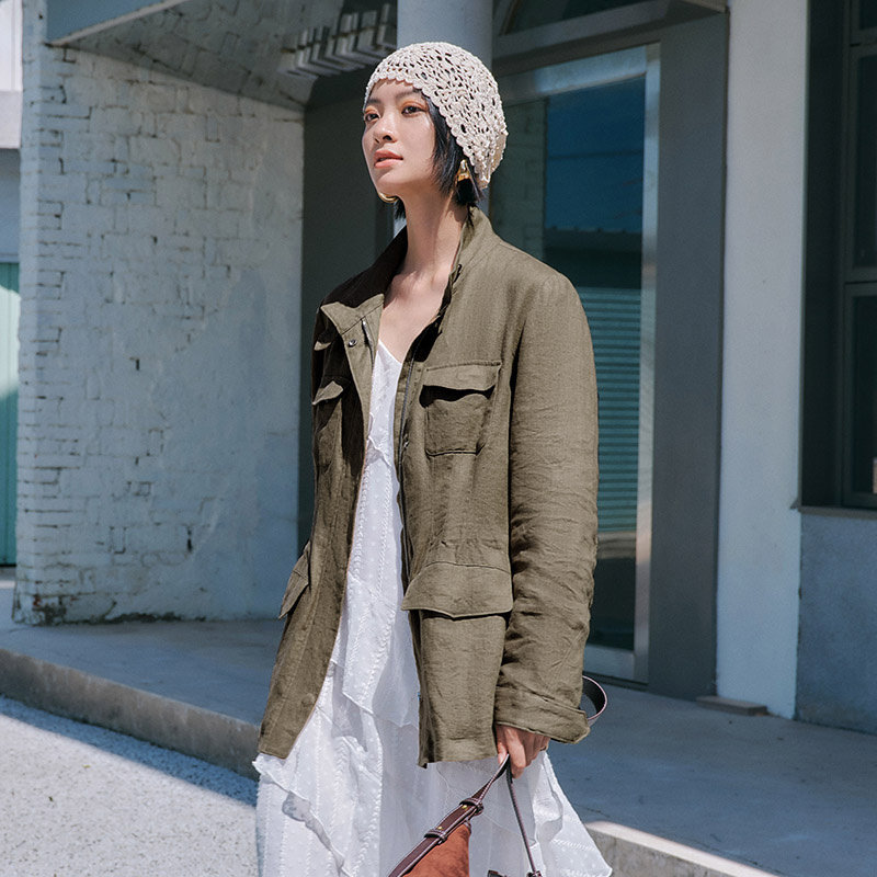时尚可可棕100%亚麻短外套女MOFAN摩凡2026春新款立领休闲上衣,淘宝优惠券,粉丝福利购,淘宝优惠卷