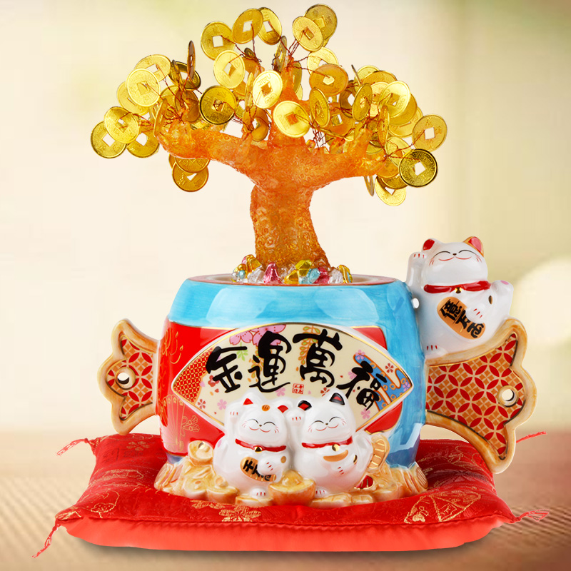 金石工坊特大号金运大福聚宝盆摇钱树招财猫 