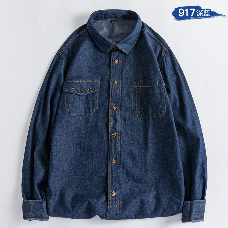 100%纯棉免烫商务潮衬衫外衣男女装牛仔衬衫外套水洗男士休闲衬衣 - 图1