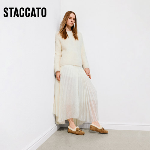 思加图冬季新款复古毛毛鞋豆豆鞋保暖加绒乐福鞋女鞋鞋子A9593DA5 - 图1