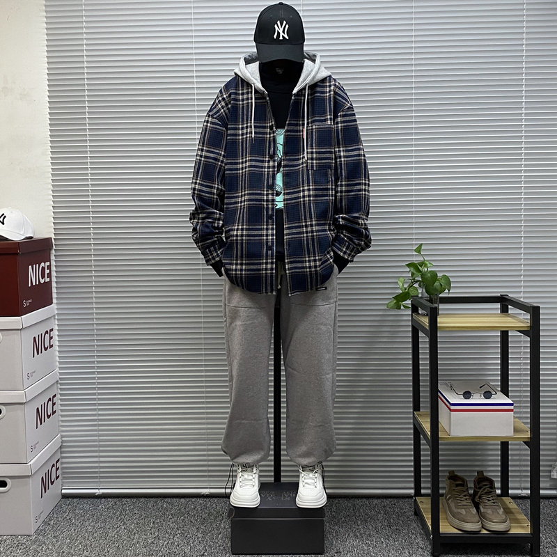 格子纹长袖连帽春秋宽松青少年衬衫 kabudlqao衬衫