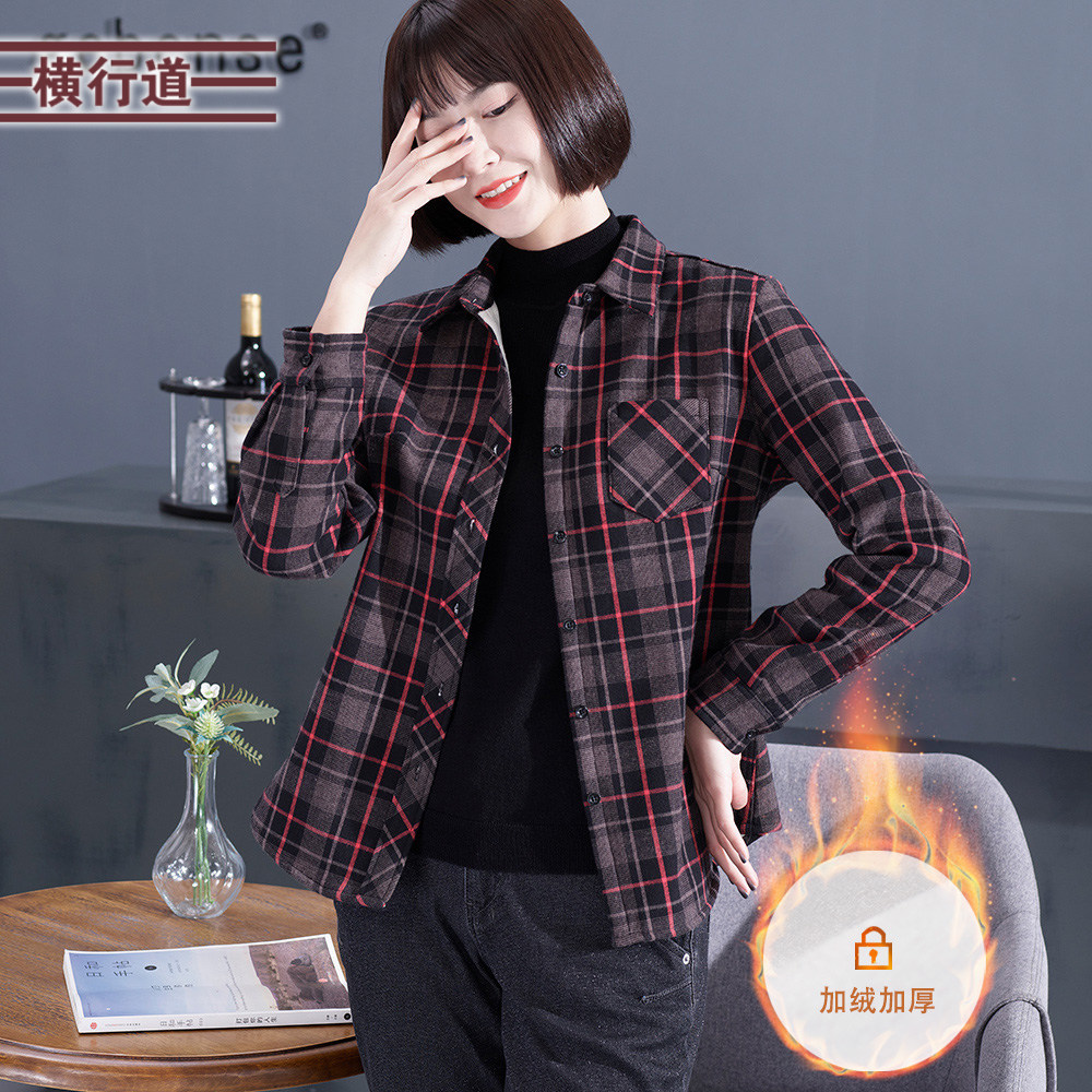 2025冬季新款加绒加厚保暖衬衫外套女装妈妈长袖大码宽松格子衬衣 - 图0