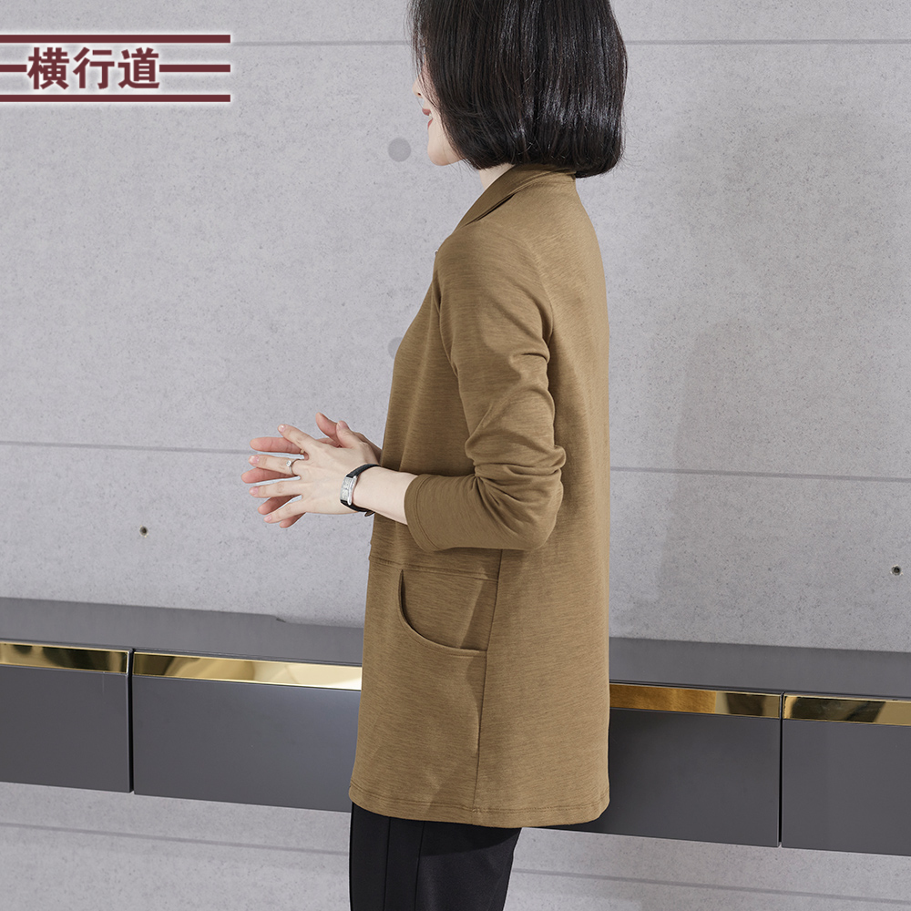 2024春季新款简约纯色翻领拉链口袋中长款长袖T恤女装大码上衣服