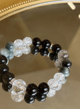 2025天然金曜石手链搭配爆花晶白水晶鹰眼石多宝手串文艺复古黑发