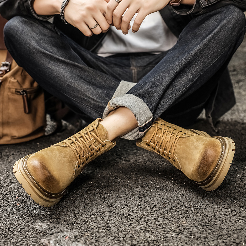 纽宾森男鞋秋冬马丁靴男真皮软底休闲加绒工装靴中帮百搭潮男靴子 - 图1