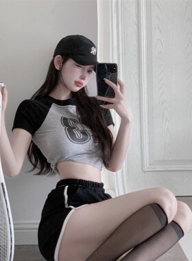 短袖T恤上衣女正肩撞色短款露脐