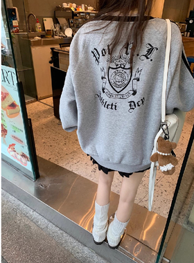 长袖卫衣上衣潮休闲蕾丝灰色V领