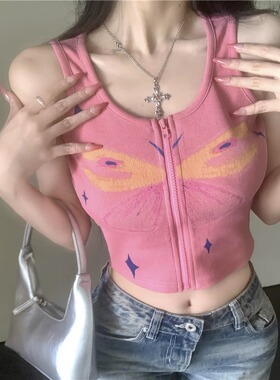 纯欲风性感蝴蝶印花吊带小背心女夏季辣妹短款无袖拉链开衫上衣潮