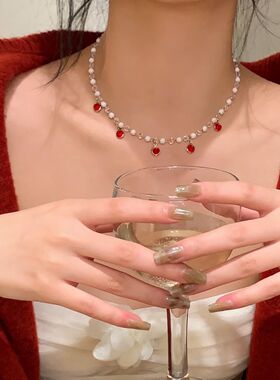 新年饰品酒红色天鹅绒带项圈choker锁骨链爱心十字架吊坠项链女