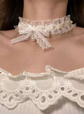 白色森系蝴蝶结蕾丝choker项链vintage颈饰蕾丝女甜美气质颈带
