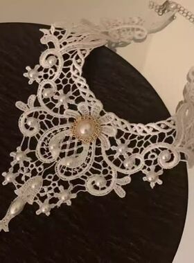 蕾丝锁骨项圈复古颈带宫廷风项链流苏白色蕾丝项圈项链颈链