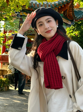红色毛线针织高级感围巾韩版女秋冬季户外加厚保暖纯色玉米粒围脖
