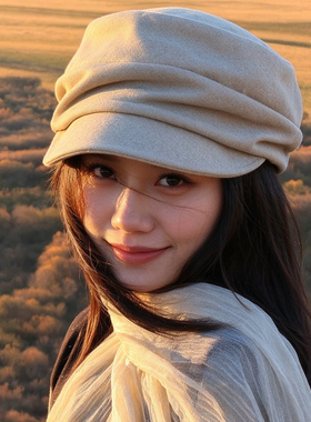 日系山本风米色褶皱马术帽女秋冬显脸小报童帽慵懒感复古画家帽子
