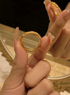 新中式花纹素圈戒指小红书新款宫廷复古高级设计轻奢ins简约指环