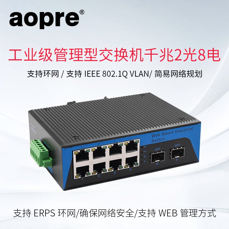 aopre工业级管理型千兆2光8电光纤收发器导轨式自愈环网交换机SFP接口工业级光纤收发器-图2
