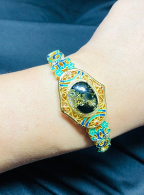 天然原矿绿珀12X16MM蛋面925银镀金镶嵌新中式国风手镯景泰蓝民族