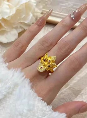越南沙金錾刻招财貔貅戒指女黄金