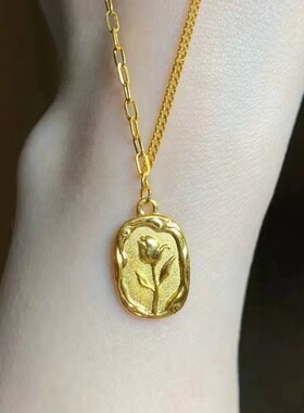 郁金香花牌项链女复古浪漫黄金色