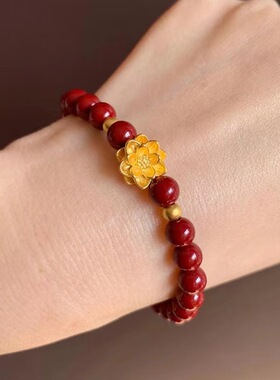 莲花朱砂手链沙金莲花坠子檀艺朱