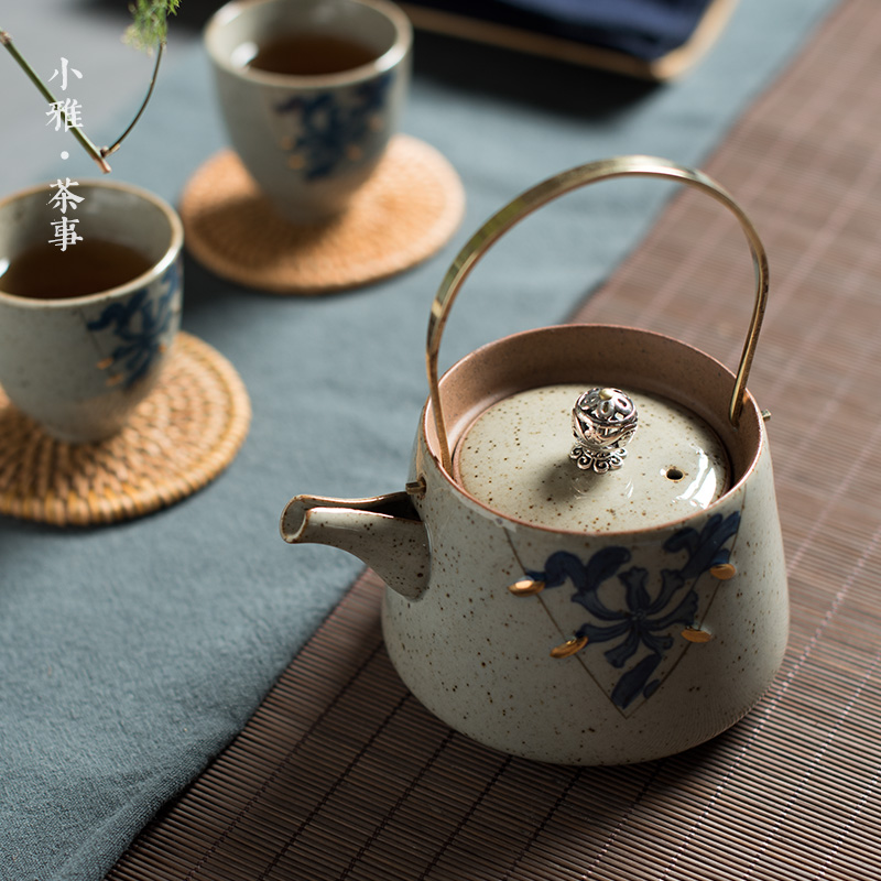 青花提梁壶 仿古铜把手提壶茶壶描金缮陶瓷家用特色功夫茶具包邮 - 图1