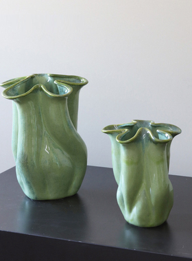 复古暗绿色白色陶瓷花瓶插花客厅餐桌花器摆件假花装饰轻奢摆件