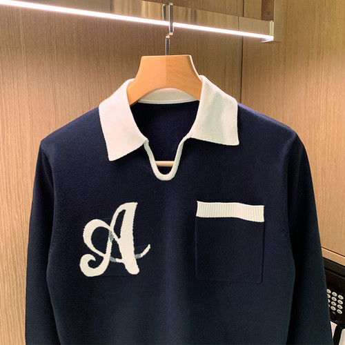 欧洲站潮流男装翻领针织衫上衣秋冬新款独特拼色衣服长袖polo衫男 - 图1