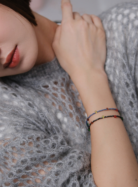 韩国ins风尖晶石琉璃手链925银叠戴小清新手绳彩色珠珠可爱风