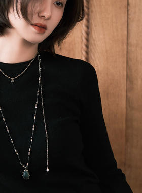 复古新款叠戴项链项链天然石吊坠缠绕轻奢百搭欧美毛衣链