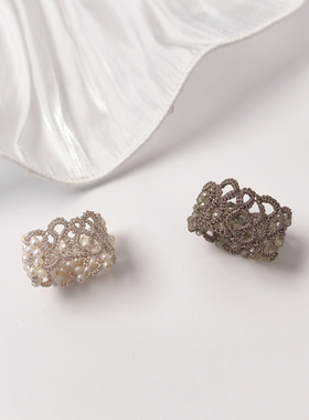 重工梭编手工淡水珍珠戒指韩系蕾丝风珠珠微弹力戒指高定奢华法式