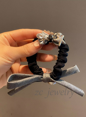 韩版新款灰色闪钻蝴蝶结皮筋女高级感甜美丸子扎头绳发圈气质发饰