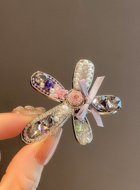 甜美重工紫色水晶玫瑰花优雅边夹女时尚精致侧边碎发一字夹发卡