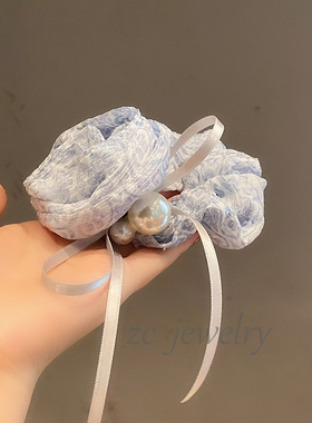 法式复古玫瑰蓝色印花扎头绳发圈女轻奢优雅慵懒ins皮筋新款发饰