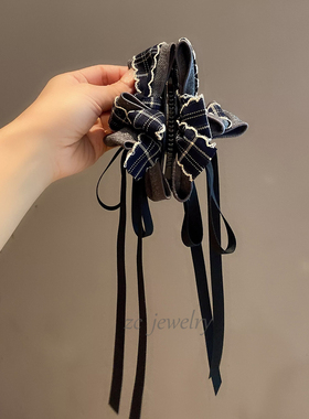 实拍~高品质韩版格子蝴蝶结飘带香蕉夹女时尚轻奢后脑勺盘发发抓