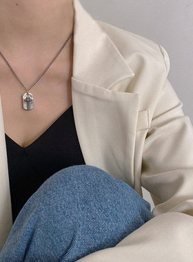 925纯银复古十字架方形吊牌锁骨链欧美做旧个性时尚毛衣链情侣潮